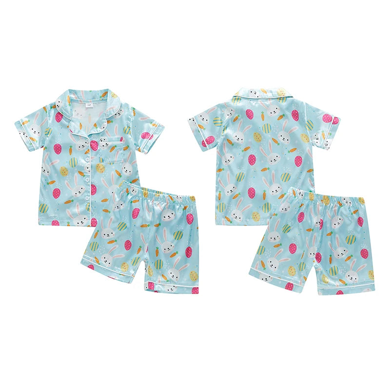 1-7Y Kids Girls Easter Pyjamas Clothes Set Rabbit Carrot Print Button Down V Neck Short Sleeve Tops and Shorts