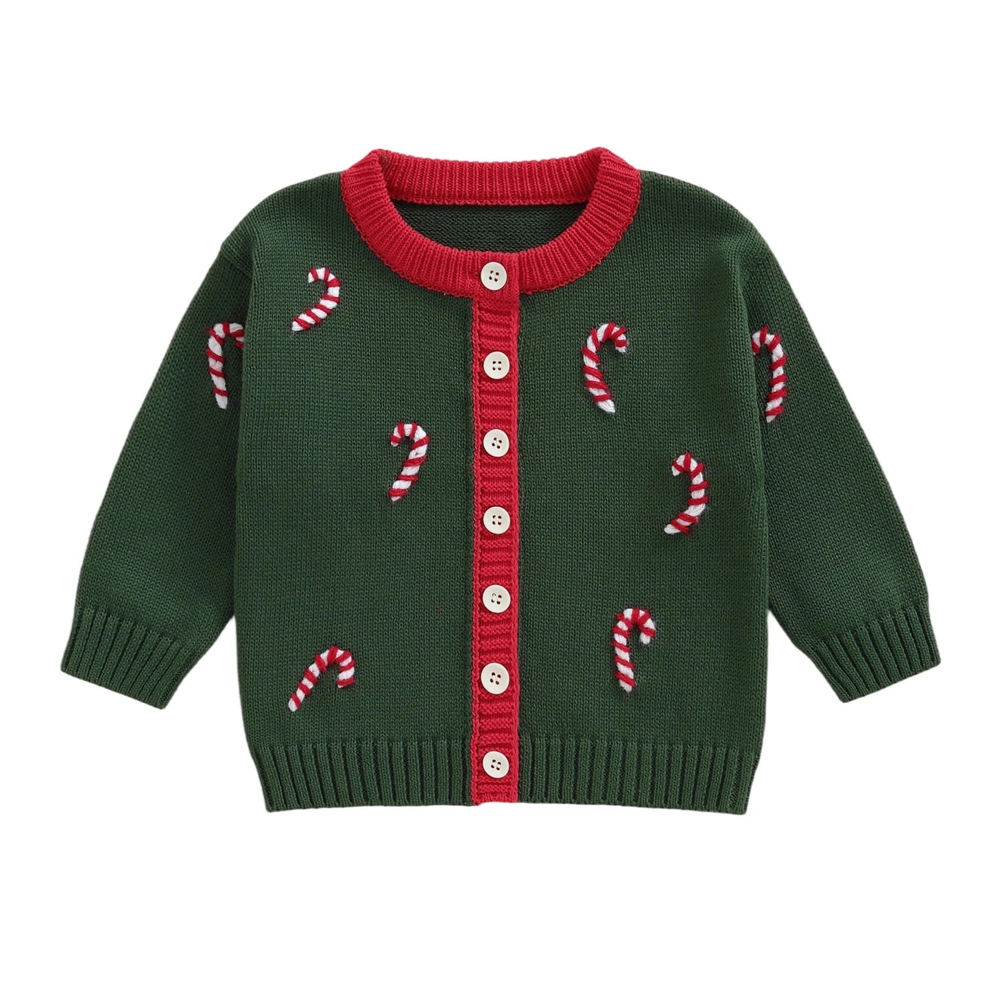 Toddler Baby Christmas Cardigan Sweater - Long Sleeve Button Down Candy Cane Embroidery