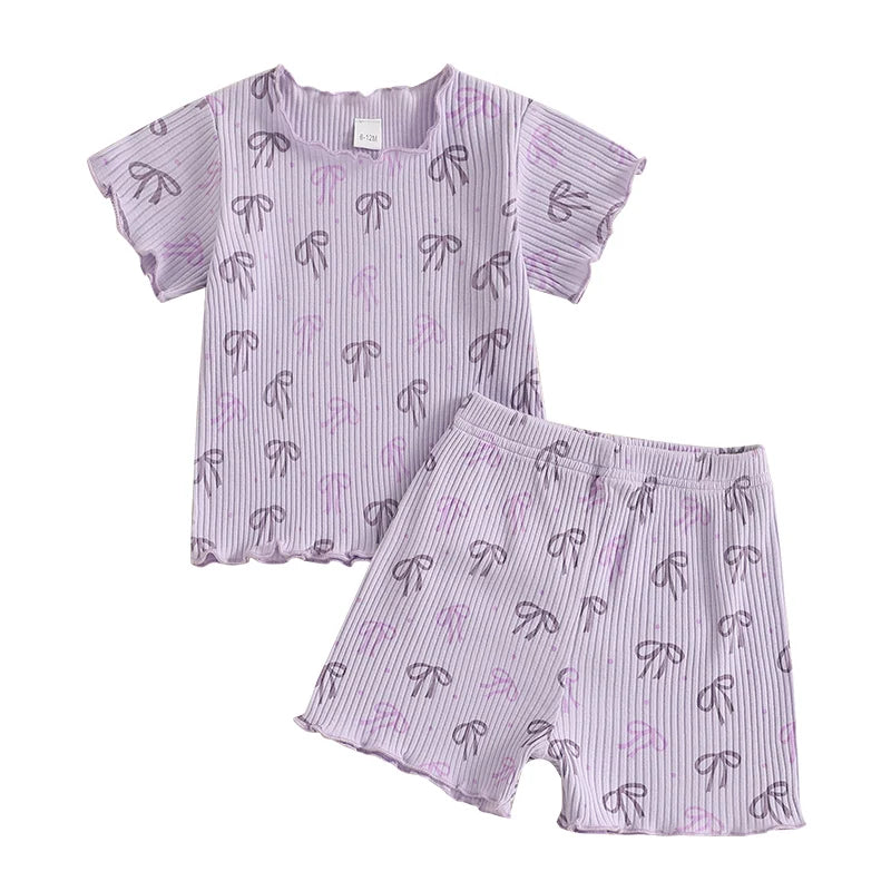 1-5Y Kids Girls Clothes Sets Bow Print Lettuce Trim Short Sleeve T-shirt Elastic Waist Shorts
