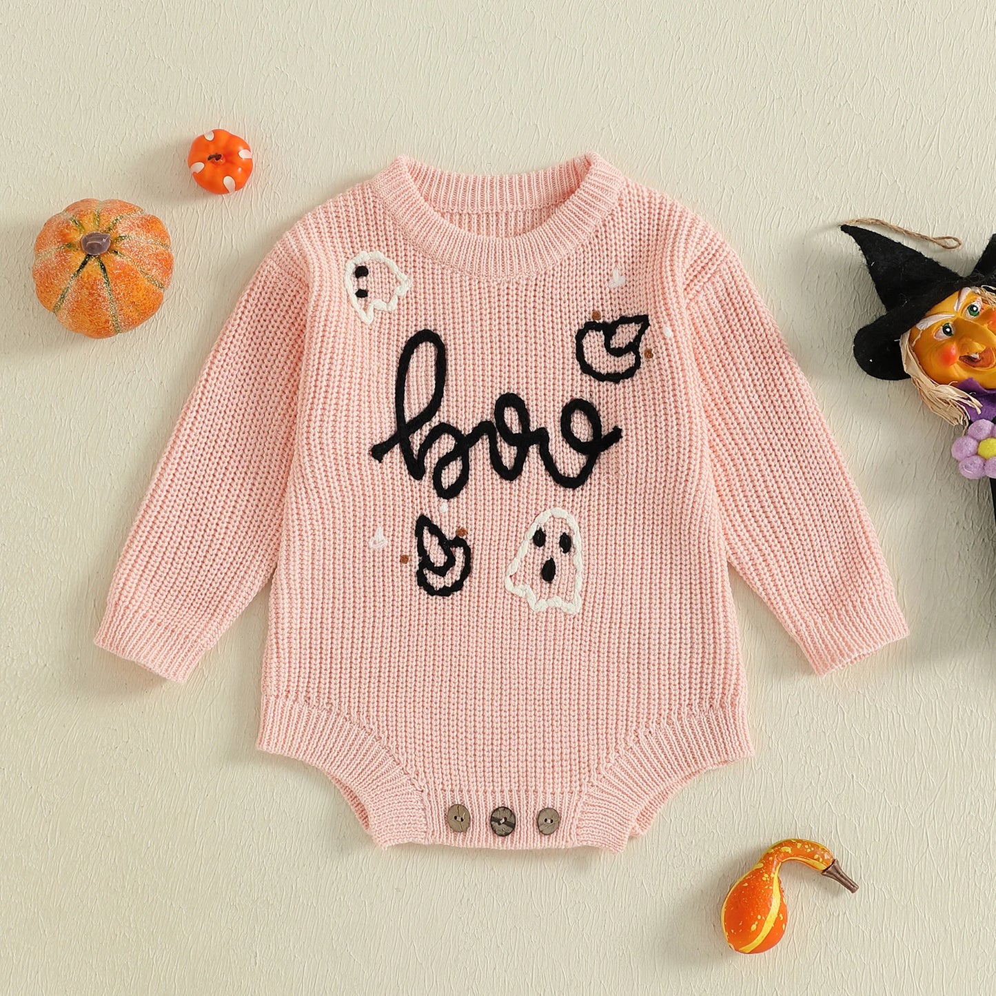 Newborn Baby Halloween Sweater Romper - Ghost Letter Embroidered Long Sleeve Jumpsuit