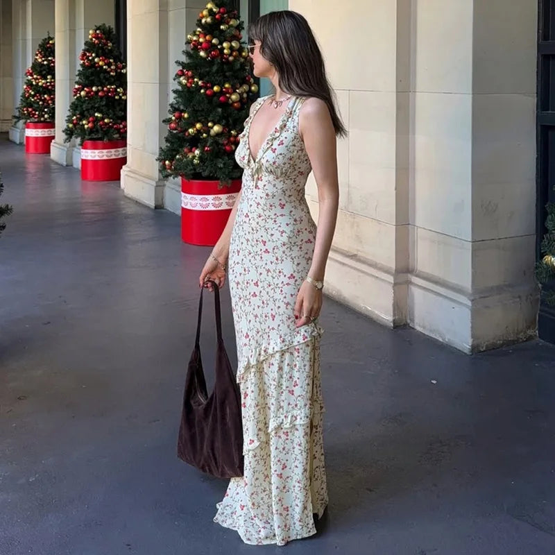 Women's Summer Floral Print Draped V Neck Maxi Ruffled Detail Sun Dress