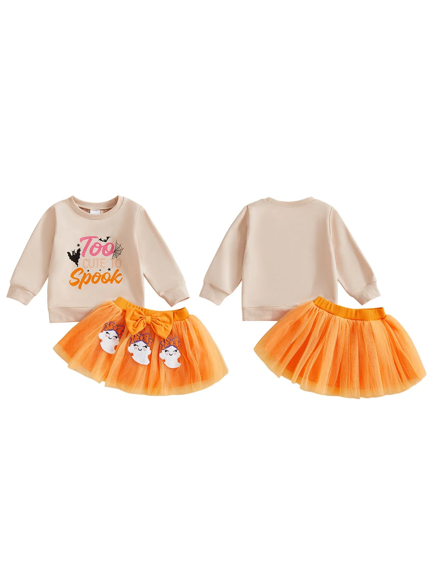 Baby Girl's Halloween Outfit Set - Cartoon Letter Sweatshirt & Ghost Tulle Skirt