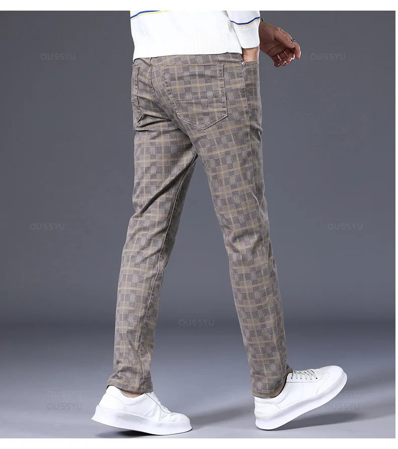 Men's Plaid 98% Cotton Stretch Straight Classic Trousers