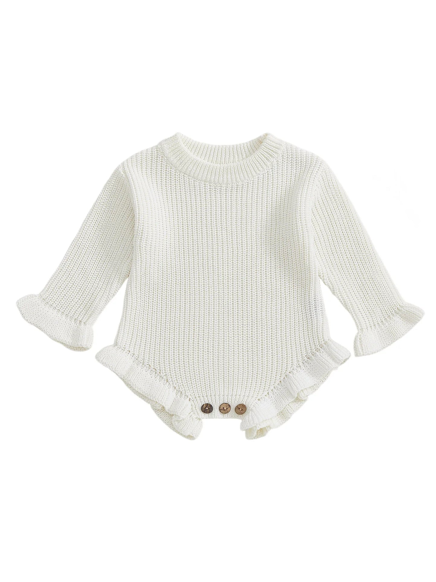 Newborn Baby Knit Romper - Long Sleeve Round Neck Ruffled Sweater Jumpsuit