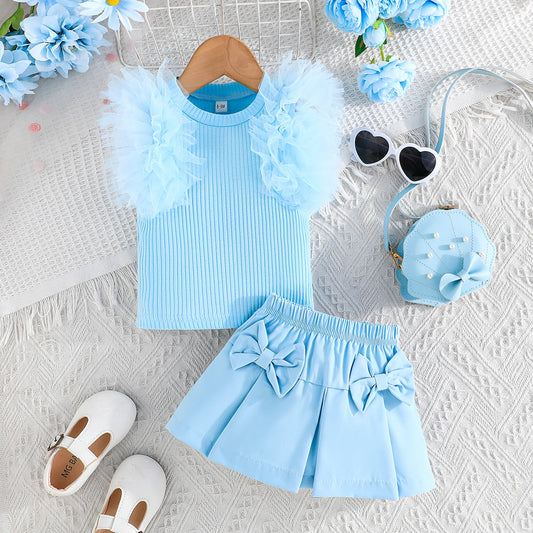 Baby Girls Summer Clothes Set - Tulle Ruffled Tank Top & Bow Pleated Skirt