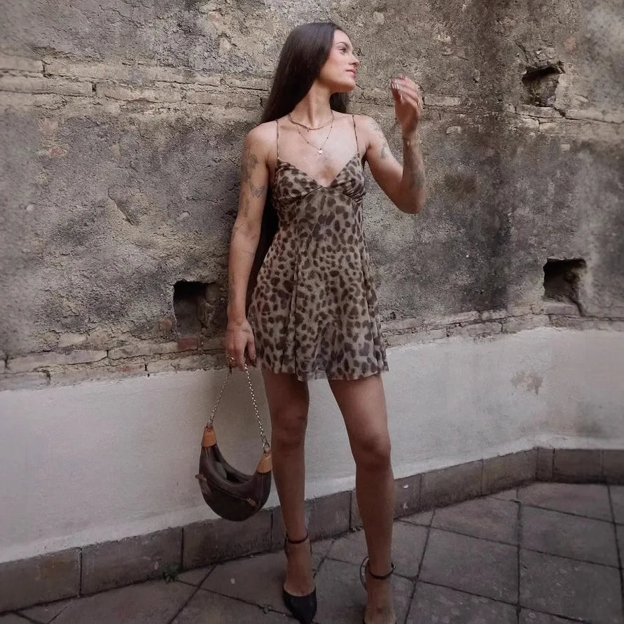 Women's Leopard Print Backless Mini Dress - V Neck Mesh Slip Coquette Summer Dress
