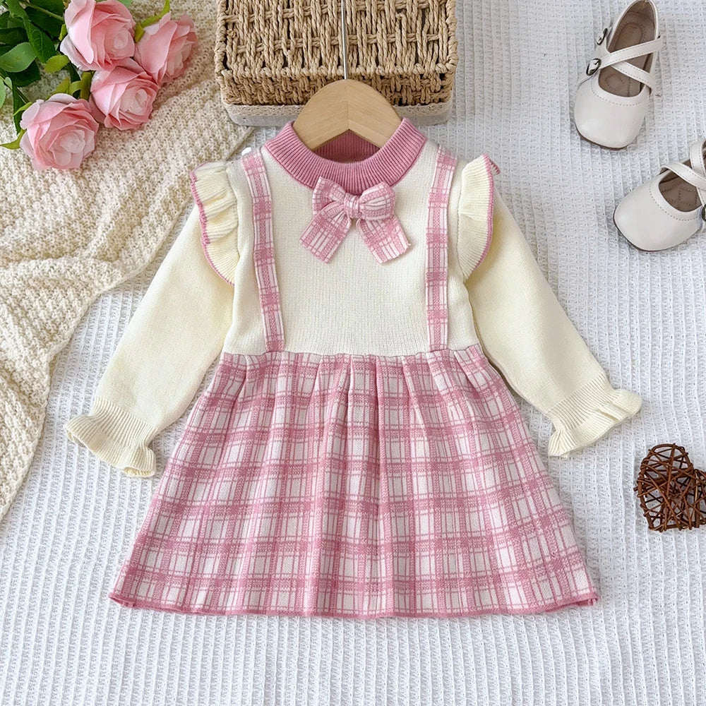 Girl's Long Sleeved Round Neck with Checkered Bow Patchwork Dress