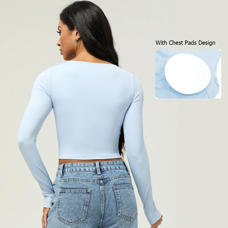 Women's Long Sleeve Yoga T-Shirt Square Neckline Gym Top Breathable Workout Running Crop Top Sportswear