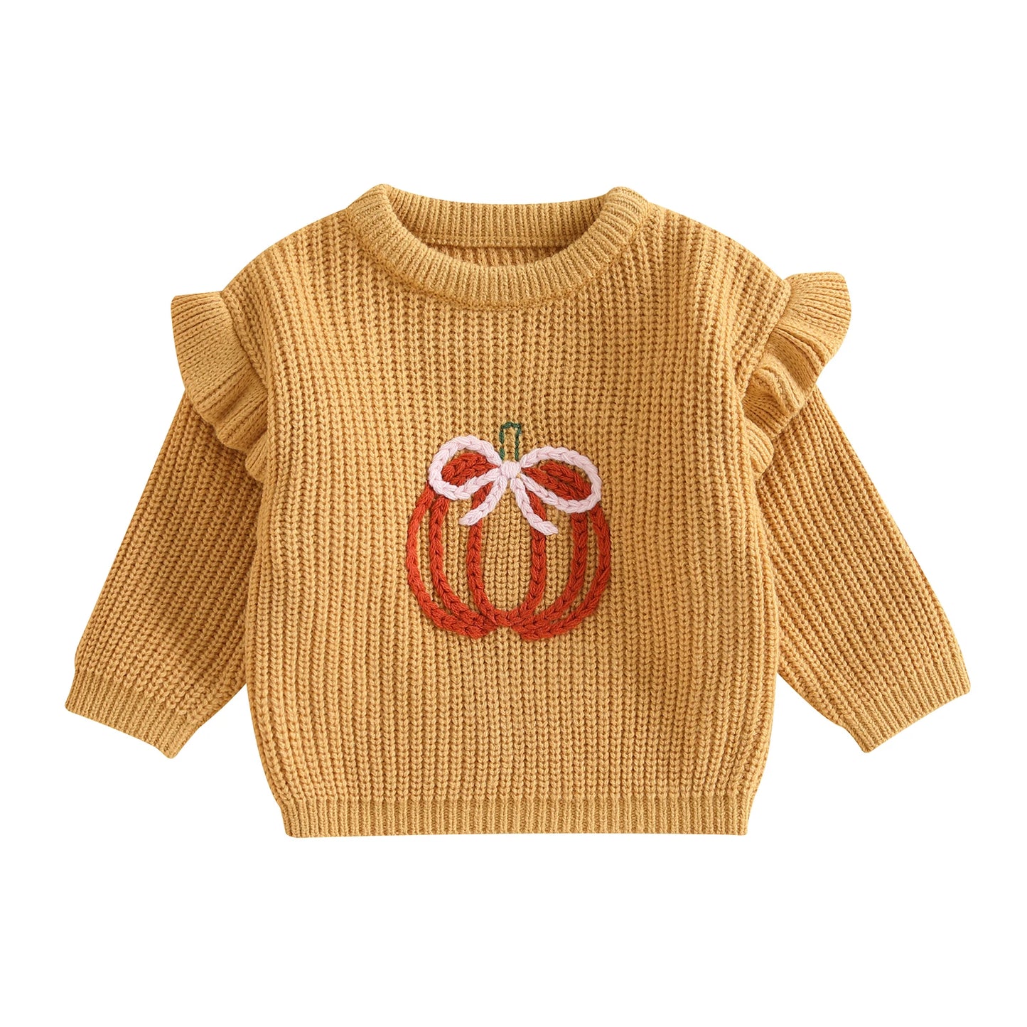 Baby Fall Sweater - Bow Pumpkin Embroidery Round Neck Knit Pullover