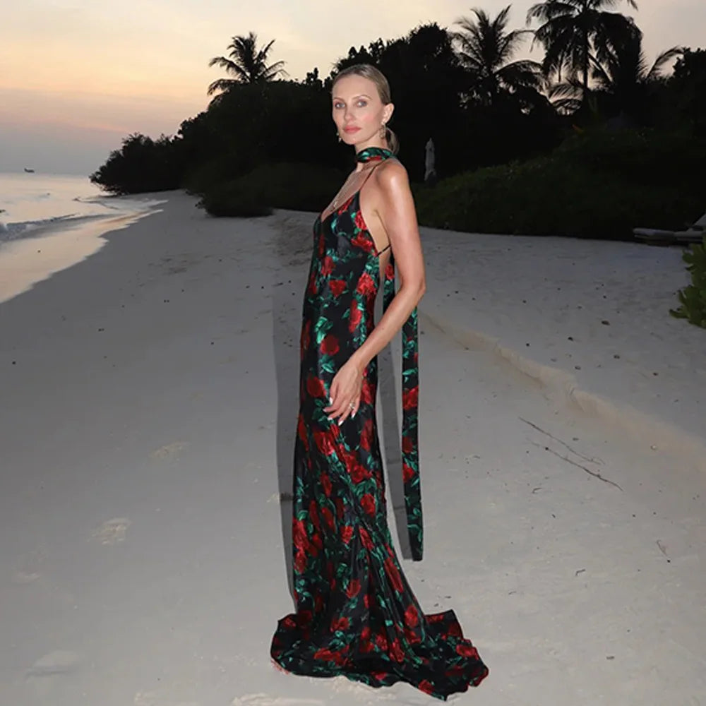 Women's Floral Print V Neck Scarf Draped Maxi Summer Backless Outfit Party Dress