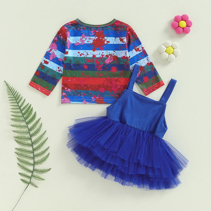 Girl's Halloween Outfit Set - Stripe Print Top & Lace Tulle Suspender Skirt