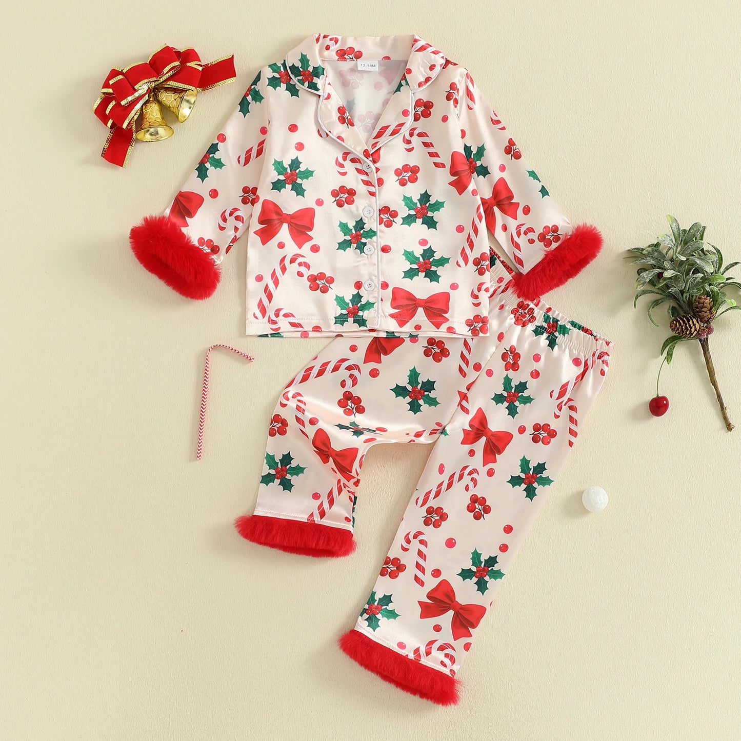 Kids Girls Christmas Satin Pyjamas Set - Candy Cane Bow Print Button Down Top & Pants (0-7Y)