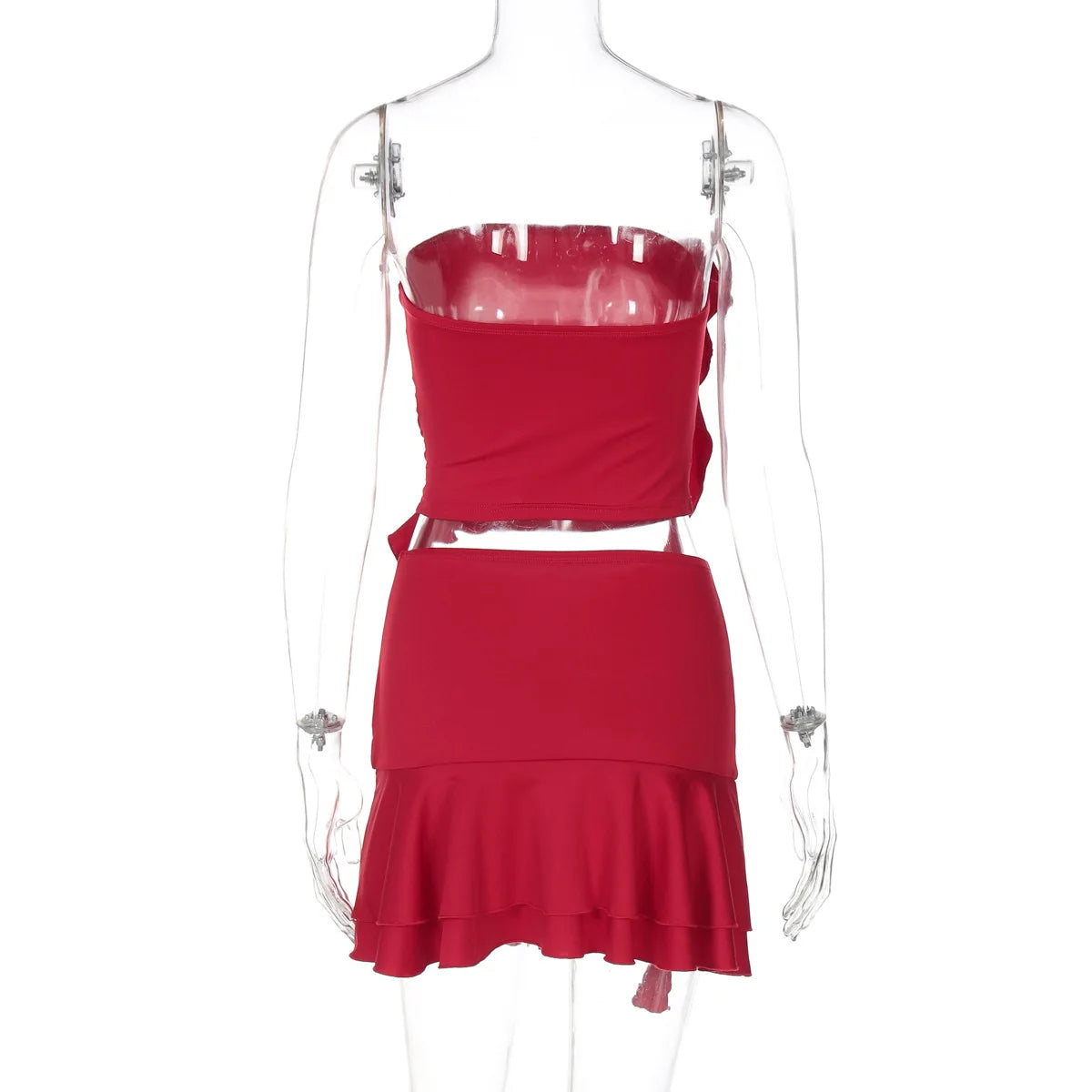 Women's Ruffled Detail Ruched 2 Piece Set Backless Summer Floral Applique Crop Top and Skirt Co-ord Set