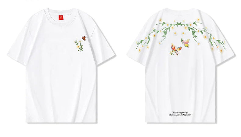 Men's Guochao short-sleeved Butterfly Embroidery Round Neck Cotton T-Shirt