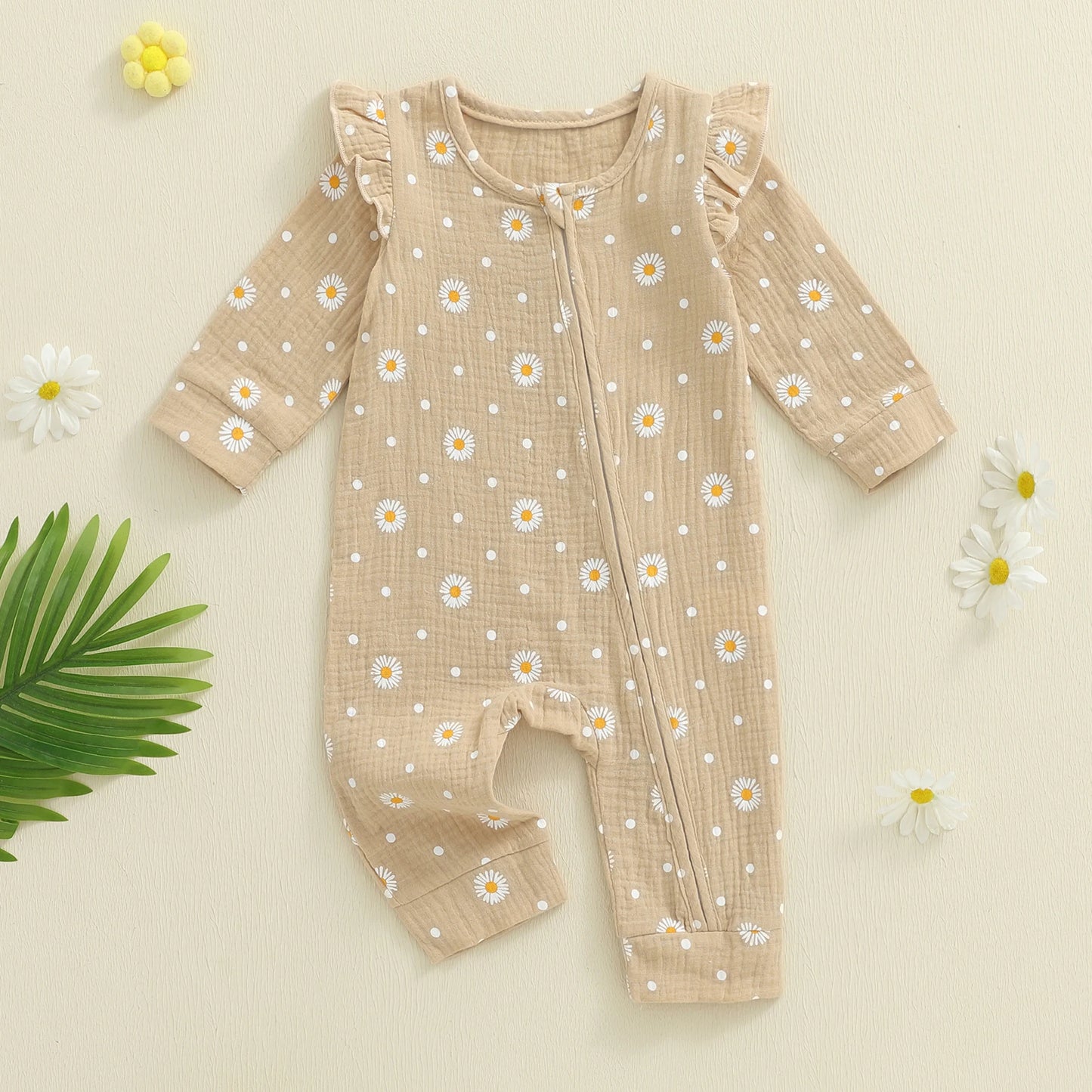 Baby Girls Fall Jumpsuit - Long Sleeve Flower Print Zipper Romper (0-18M)