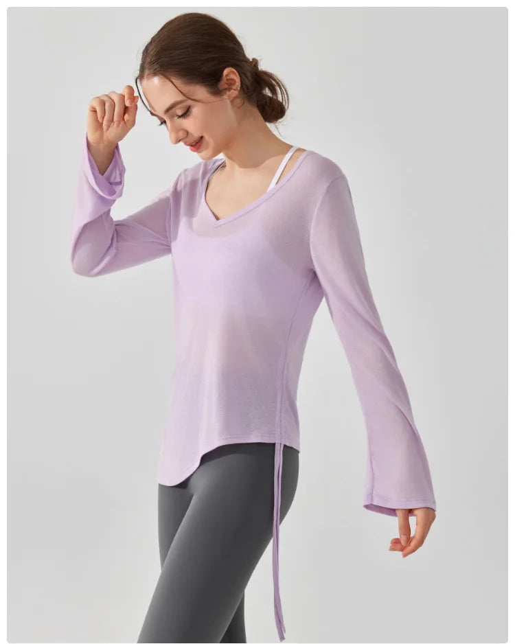 Women's Loose Running Top Long Sleeve Yoga Shirt V-Neckline Workout Blouse Sportswear Workout Clothes