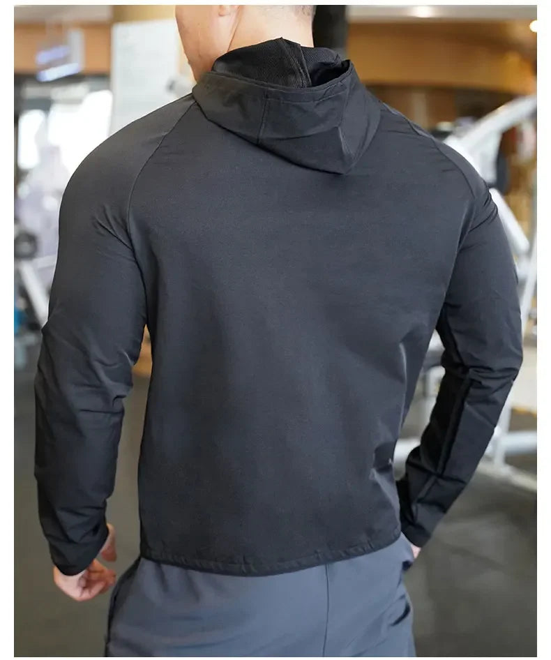 Men's Nylon Sport Coat Gym Fitness Hoodies Outdoor Workout Tops Hooded Training Running Zipped Jacket