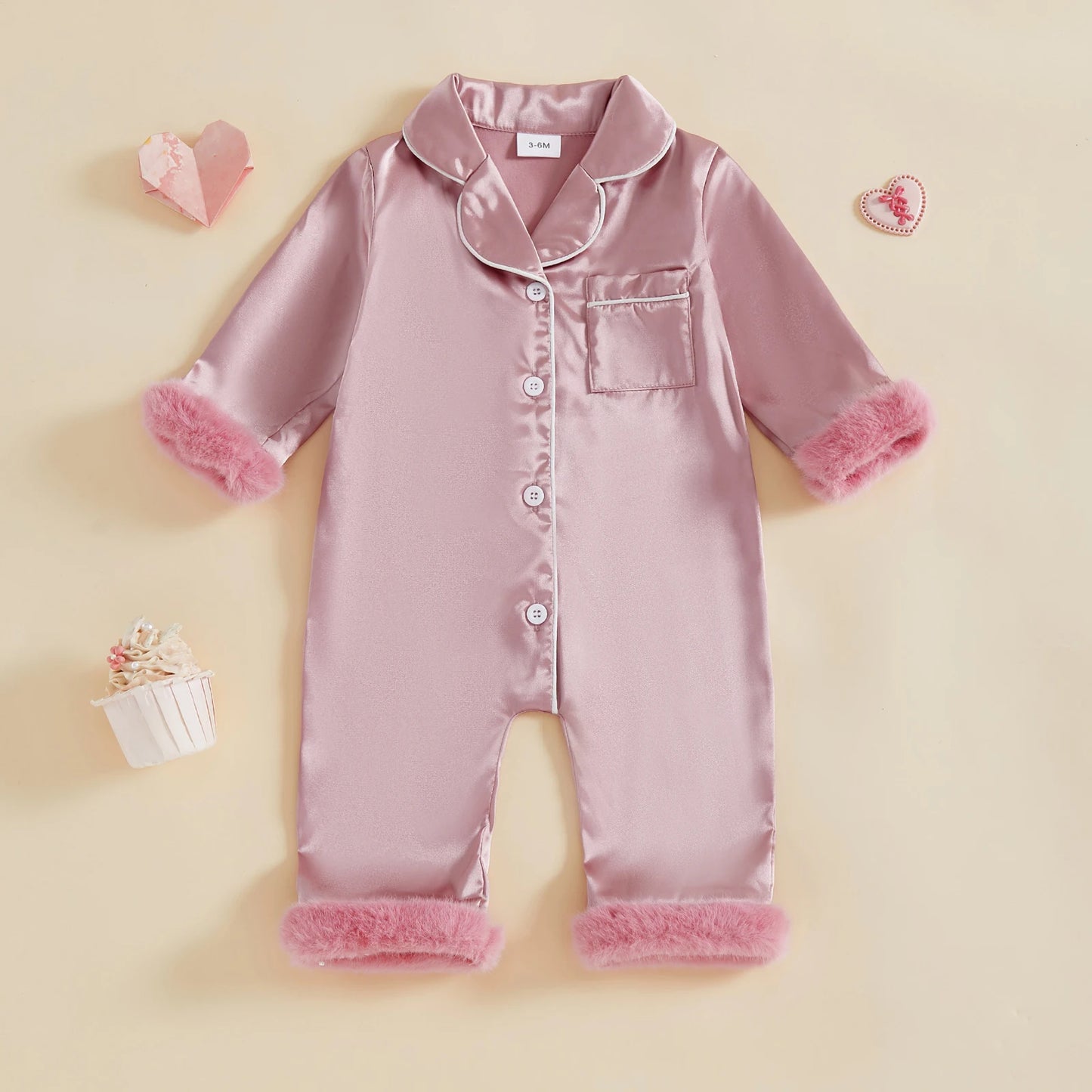 Baby Satin Pajama Romper - Fur Trim Button Down with Lapel
