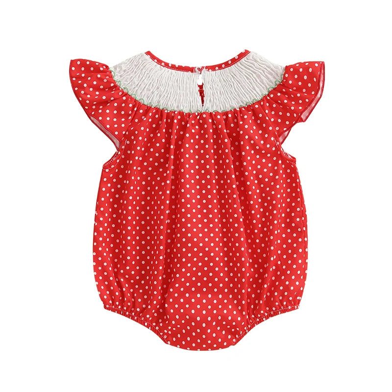 Baby Girls Strawberry Embroidery Polka Dot Romper - Smocked Ruffle Sleeve Jumpsuit (0-24M)