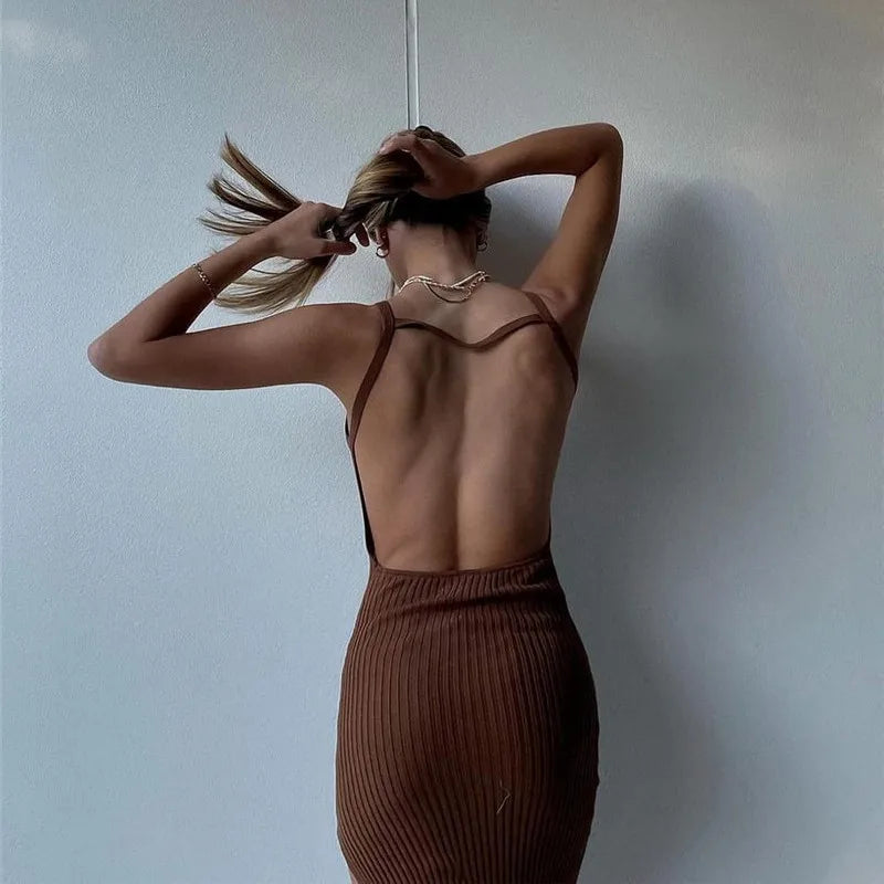 Women's Ribbed Knitted Backless Split Maxi Dress - Sleeveless Straps Bodycon Dress
