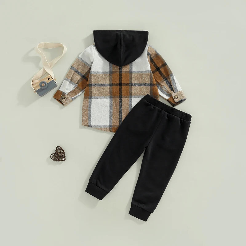 1-6Y Autumn Causal Kids Boys Clothes Sets 2pcs Plaid Printed Patchwork Hooded Long Sleeve Jacket and Trousers