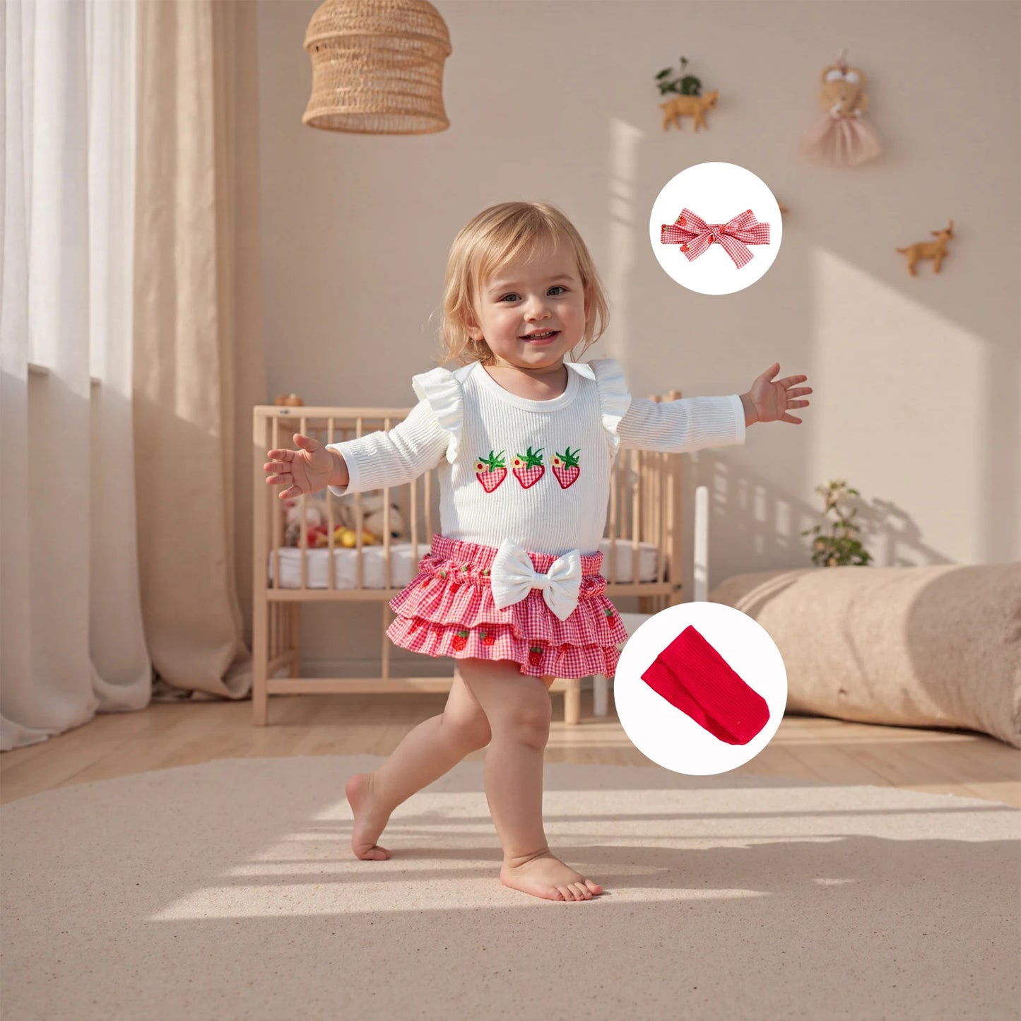 Baby Girls Strawberry Outfit Set - 4-Piece Long Sleeve Romper, Plaid Shorts, Headband & Socks (0-18M)