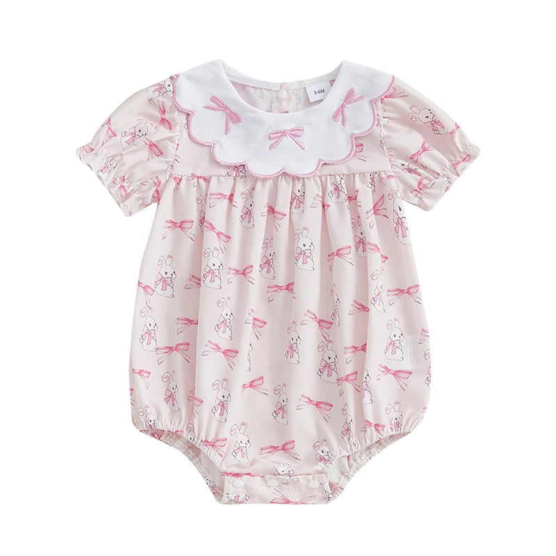 Easter Baby Girls Cute Romper - 3 Style Rabbit Bow Print Doll Collar Ruffle Short Sleeve Bodysuit (0-18M)