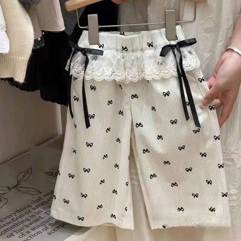 Girl's Summer Bow Print Lace Wide Leg Pants Set 3-6 Years