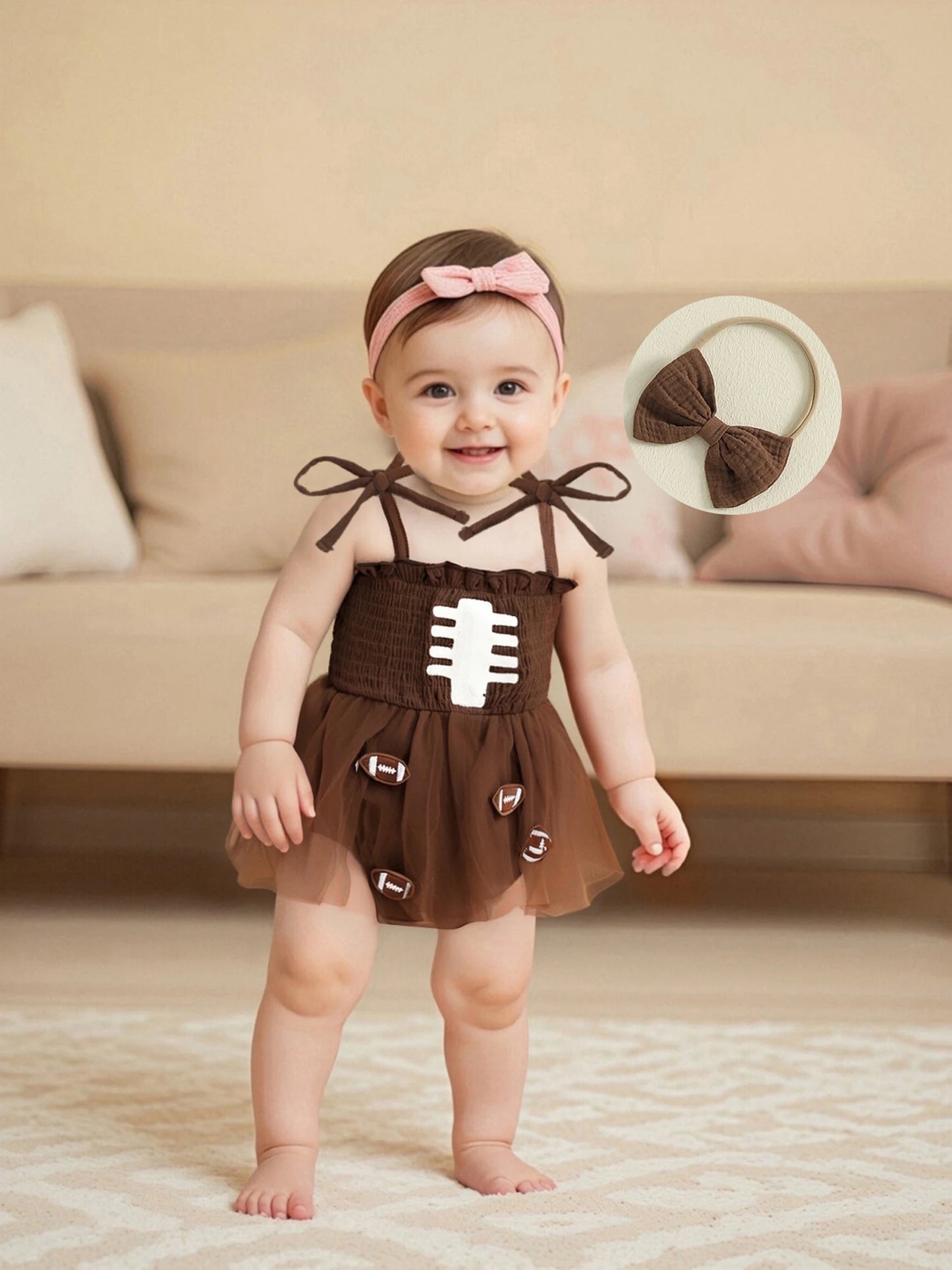 Baby Girls Football Embroidered Romper Dress with Bow Headband (0-18M)