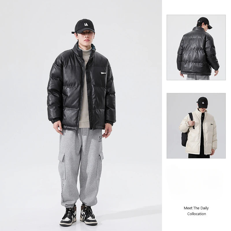 Men's PU leather Stand-up collar thickened cotton-padded Jacket