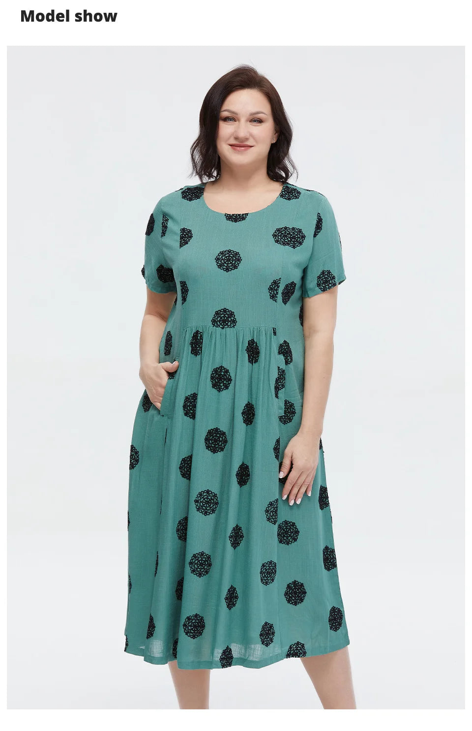 Women's Summer Elegant Cotton Oversize Office Polka Dot Embroidery Design Pocket Long Dress