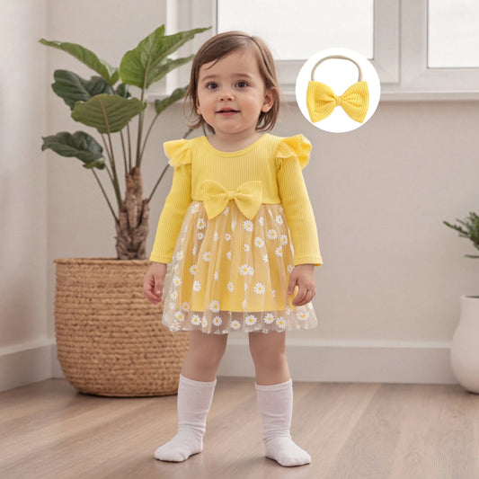 Lovely Baby Girls Fall Winter Dress - Sunflowers Print Tulle Dress with Headband (0-3Y)