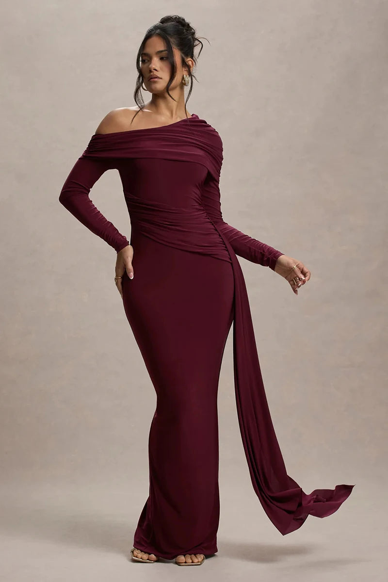 Women's Skew Collar Long Sleeve Maxi Backless Draped Ruched Bodycon Long Dress