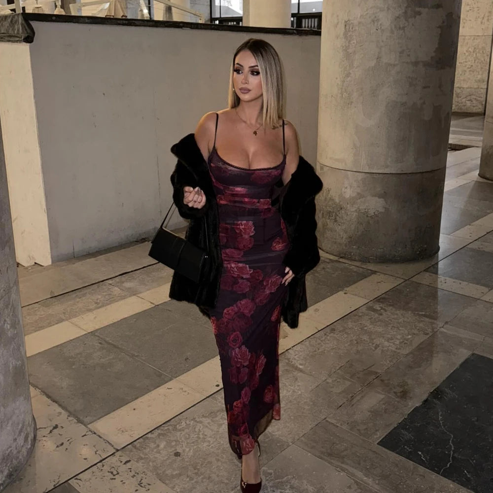 Women's mesh Long Party Floral Print Dress