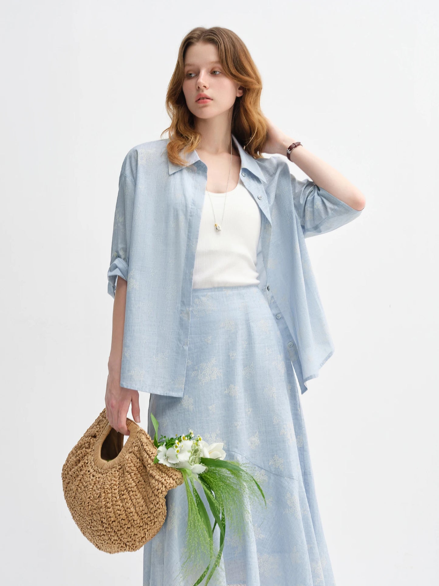 Women's Autumn Clothing Set - Long Sleeve Shirt & A-Line Skirt with V-Neck Top