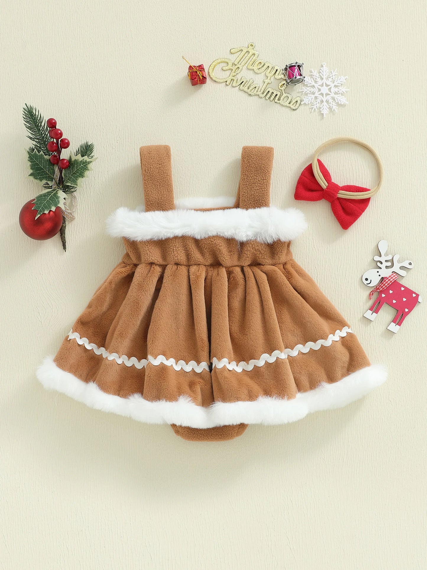 Baby Girls Princess Christmas Romper Dress with Bow Headband - Gingerbread Design