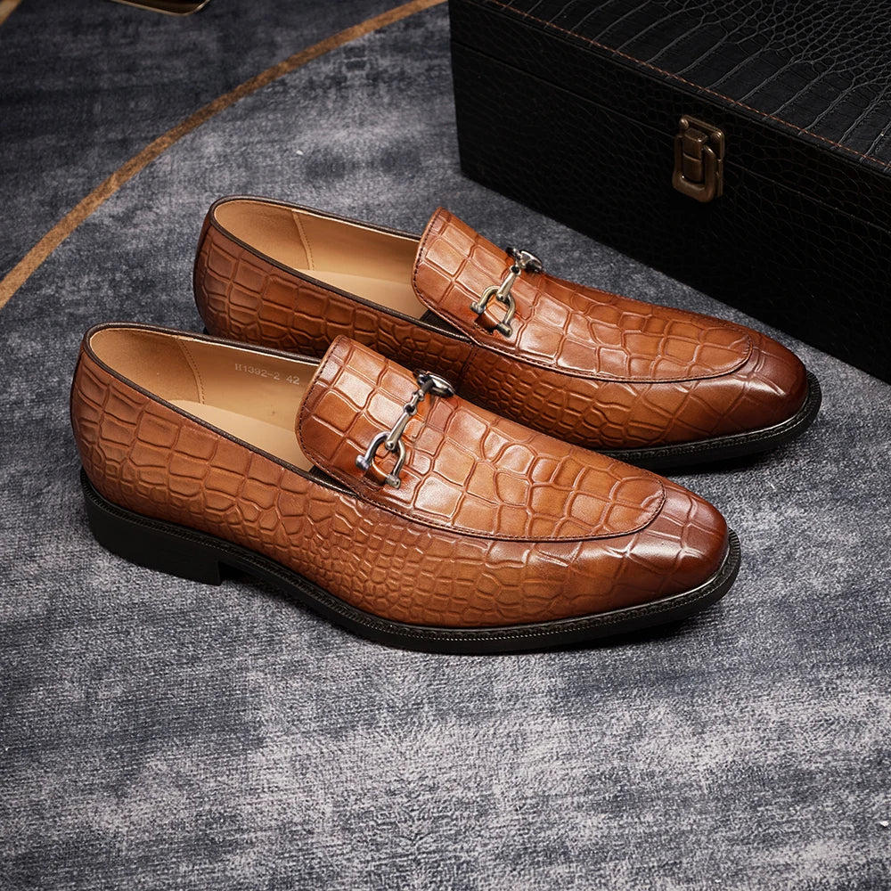 Formal Men's Oxford Shoes Pointed Toe Metal Buckle Genuine Leather Crocodile Pattern Shoes