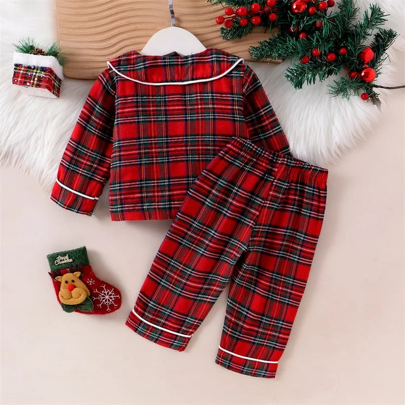 Kids Christmas Pajamas Set - Plaid Print Turn Down Collar Shirt & Pants