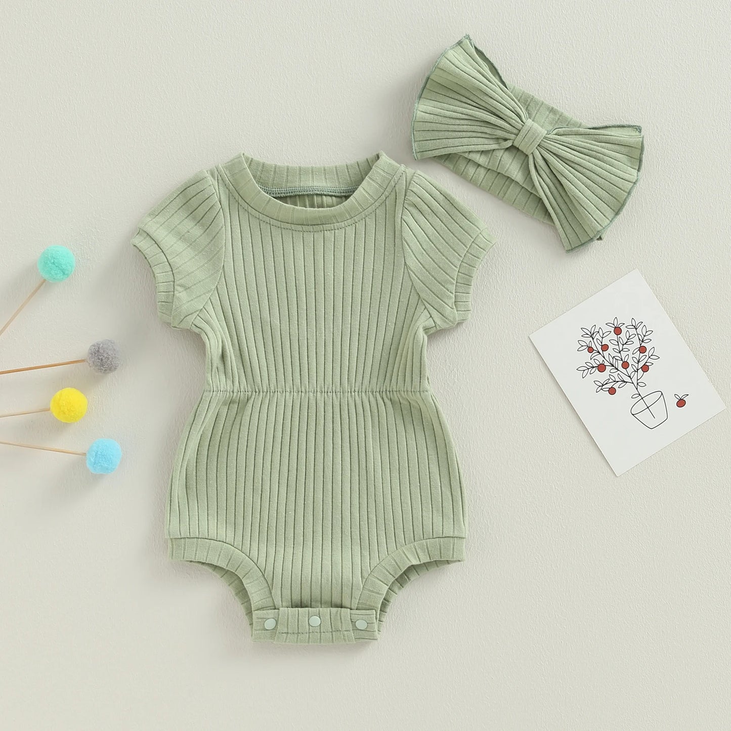 Newborn Baby Girl Romper Set - Short Sleeve Jumpsuit with Bow Headband (3 Colours)