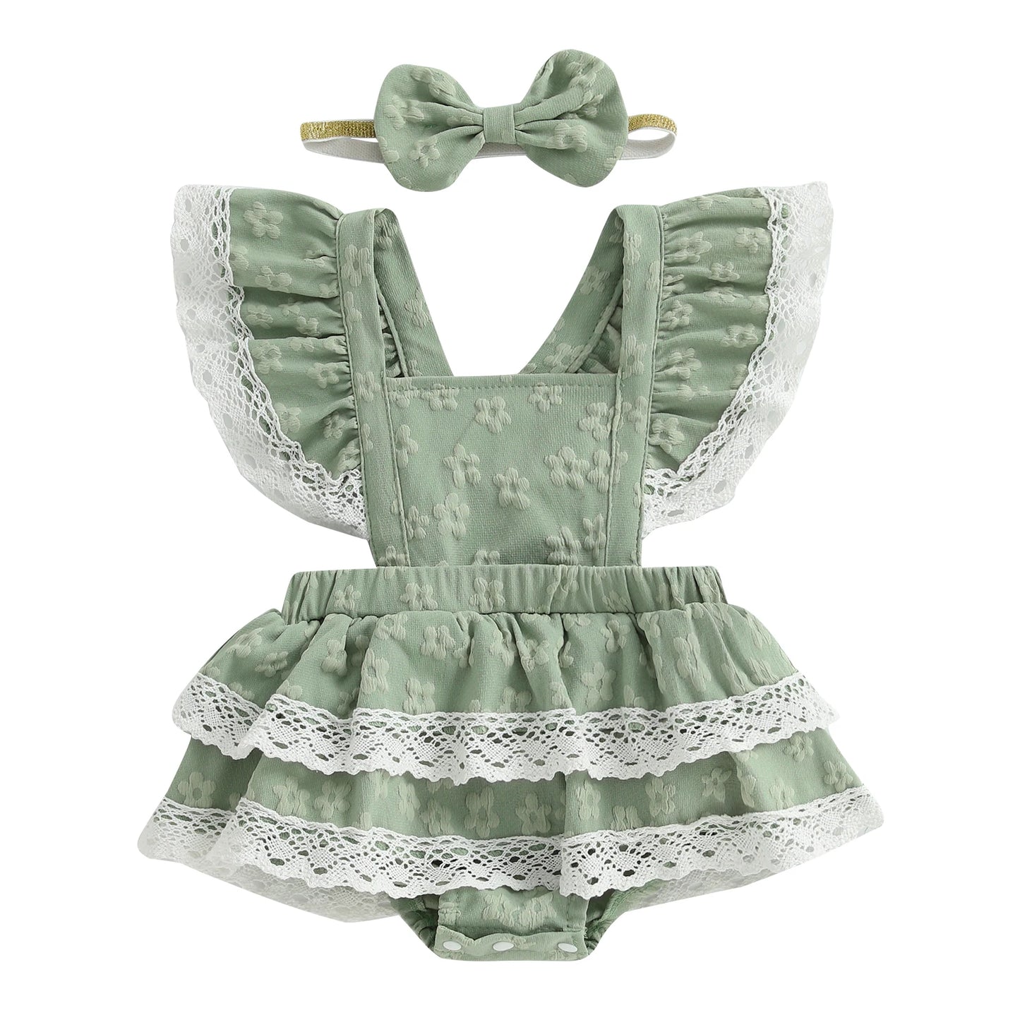 Baby Girls Summer Romper Dress - Flying Sleeve Square Neck Floral Print with Bow Headband (0-18M)