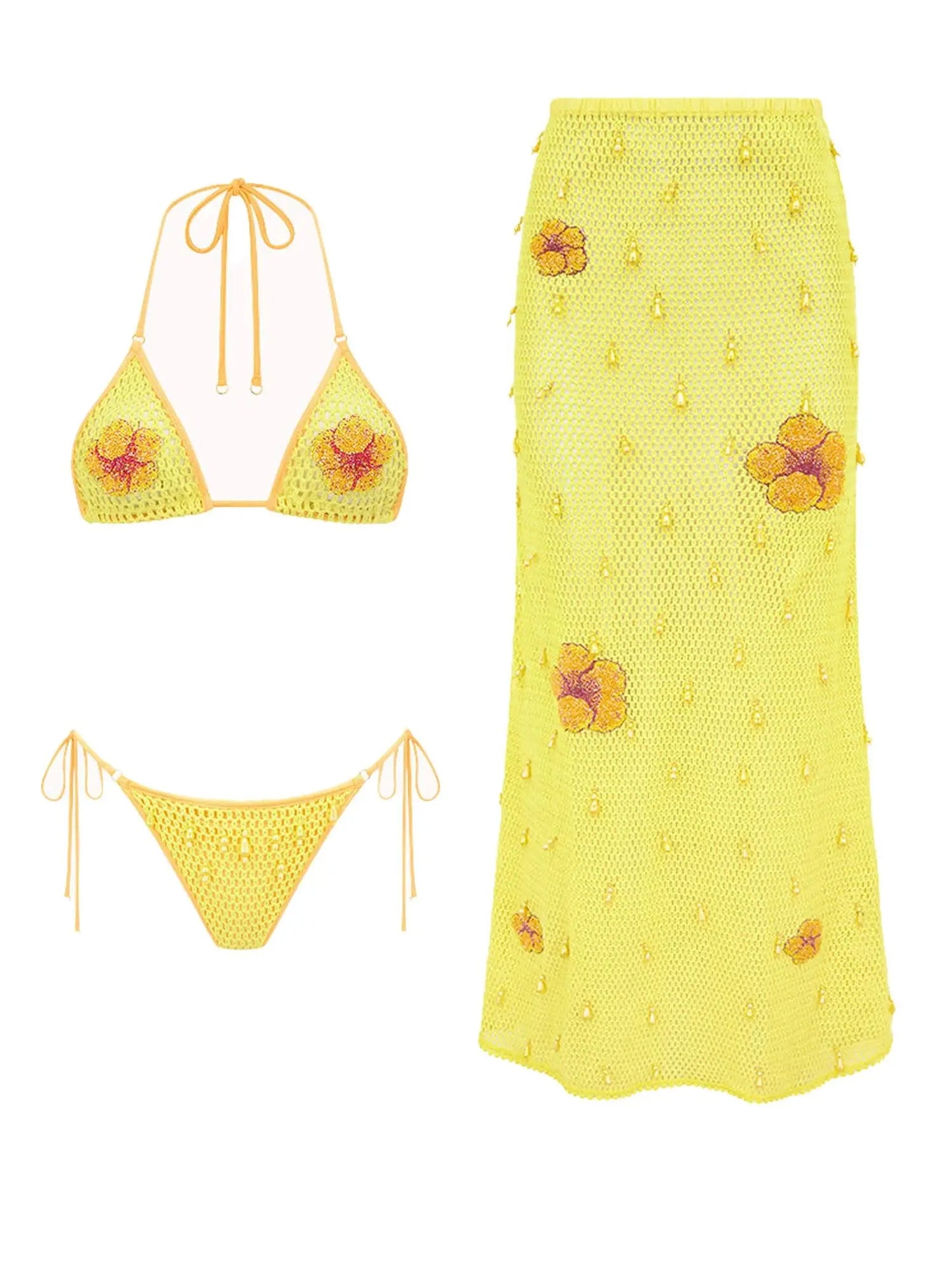 3-Piece Mesh Halter Bikini Set with Skirt Cover-Up