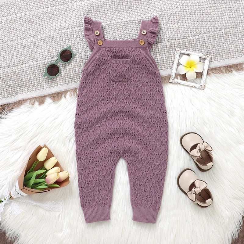 Baby Autumn Romper - Solid Ruffles Fly Sleeve Knit Jumpsuit Overalls Sweater