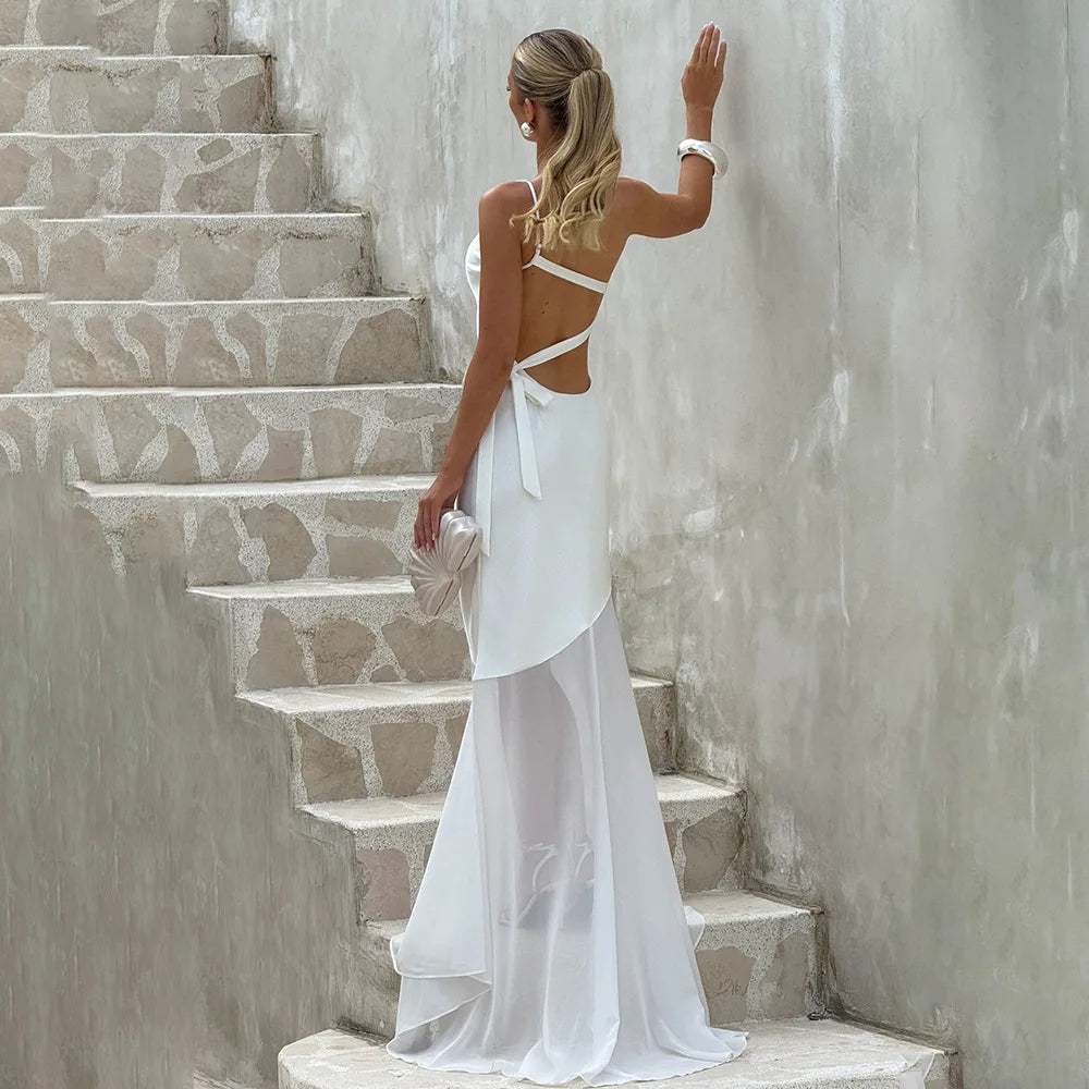 Women's Elegant Asymmetrical Backless Maxi Dress - Bandage Sleeveless Mesh