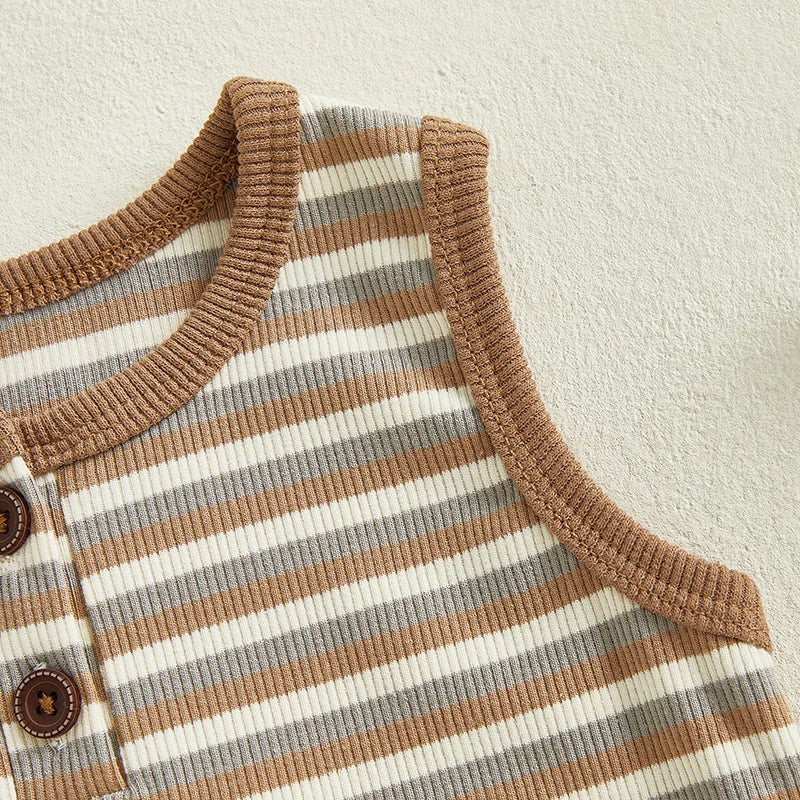 0-18M Baby Girls Boys Rompers Stripe Print Sleeveless Buttons Round Neck Summer Bodysuits Jumpsuit