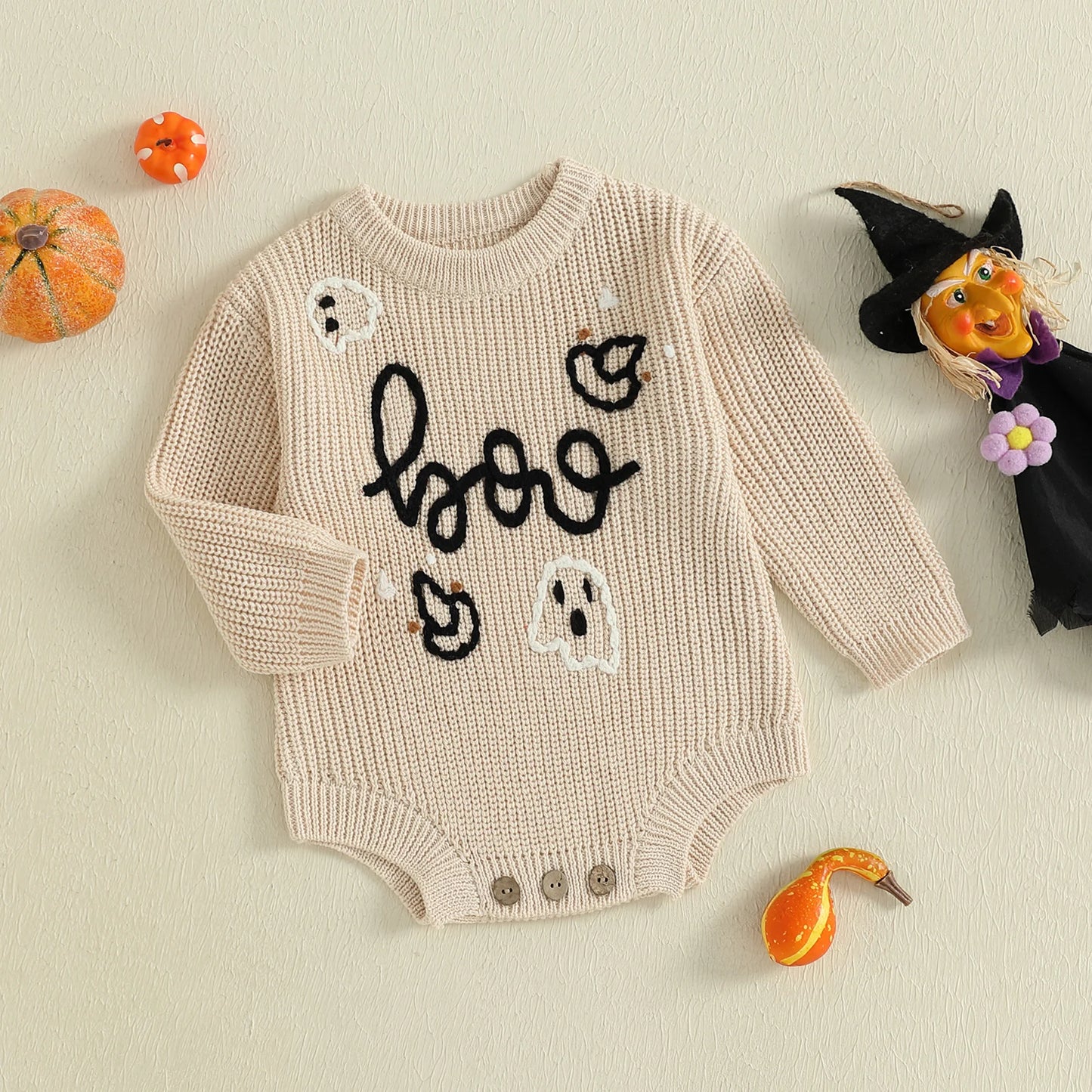 Newborn Baby Halloween Sweater Romper - Ghost Letter Embroidered Long Sleeve Jumpsuit