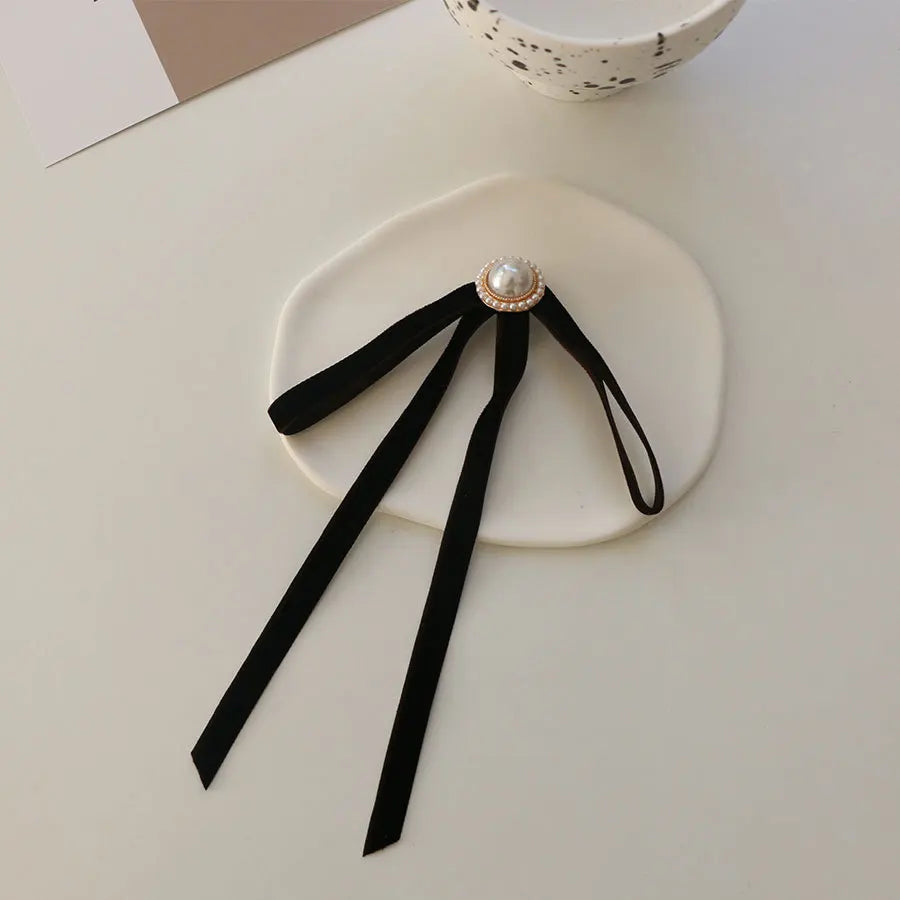 Anime Style Velvet Bow Pearl Brooch - Sweet Academic Pin for Girls