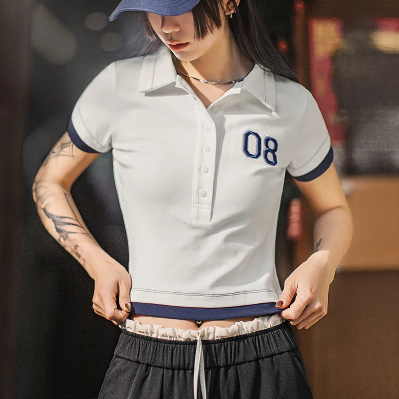 Women's White Embroidered Polo Shirt - Preppy Short Sleeve Tennis Top with Color-Block Design