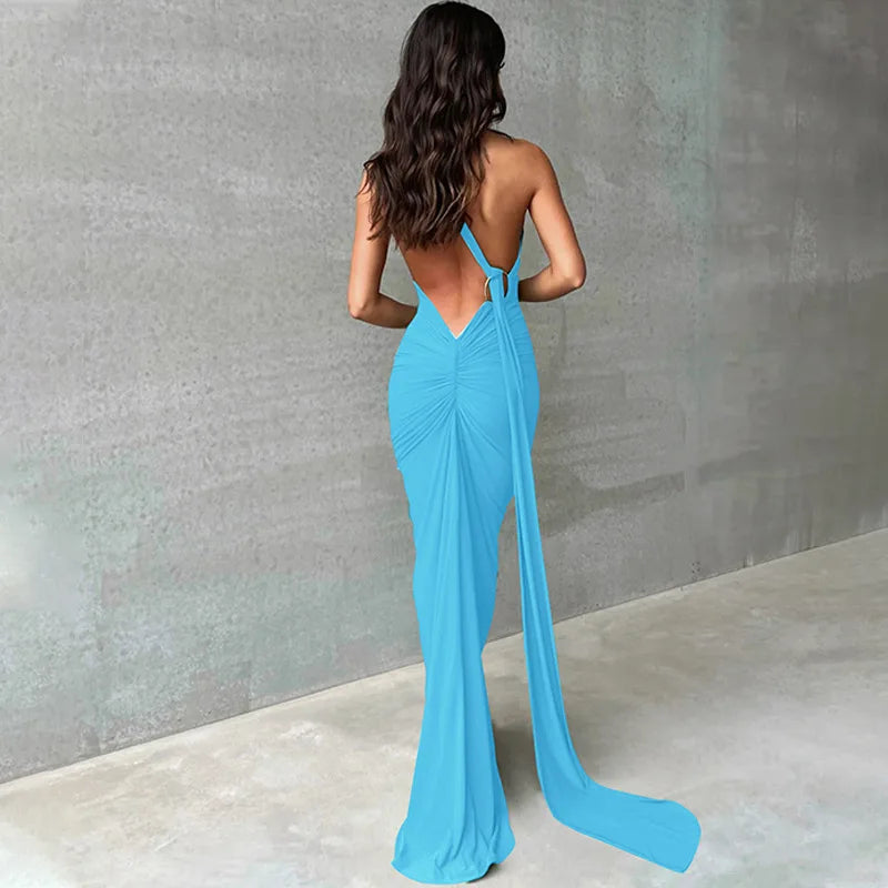 Women's Backless Irregular Maxi Ruched Long Sleeveless Dress