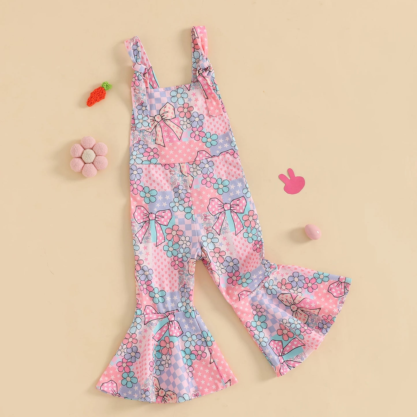 Girls' Easter Romper Pants - Sleeveless Floral Rabbit Print Suspender Jumpsuit