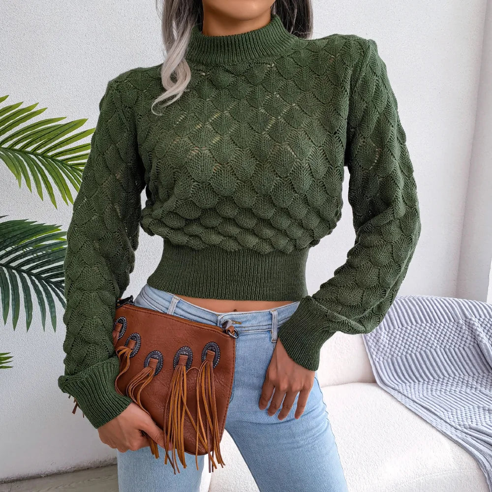Women's Fall Winter 3D Diamond Cutout Long Sleeve Solid Color Chic Crop Knit Sweater